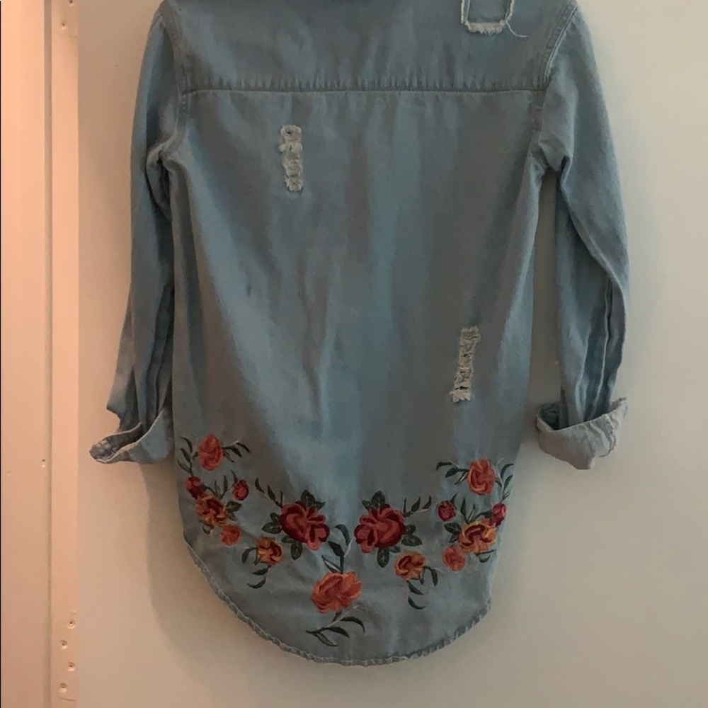 Embroidered flower denim button down